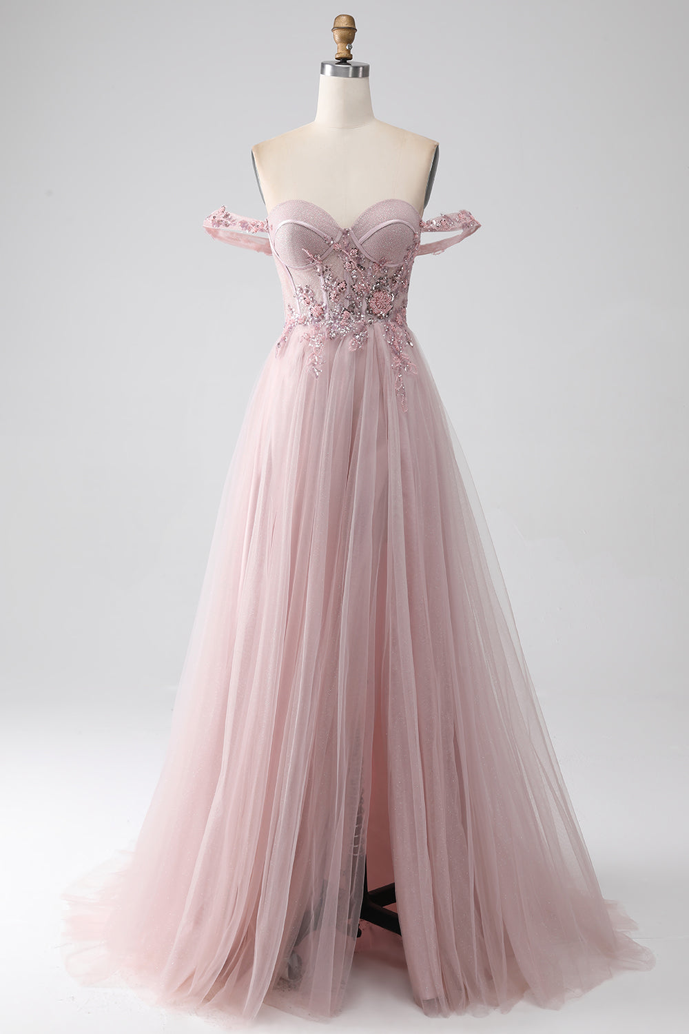 Off the Shoulder A Line Beaded Formal Dress with Slit