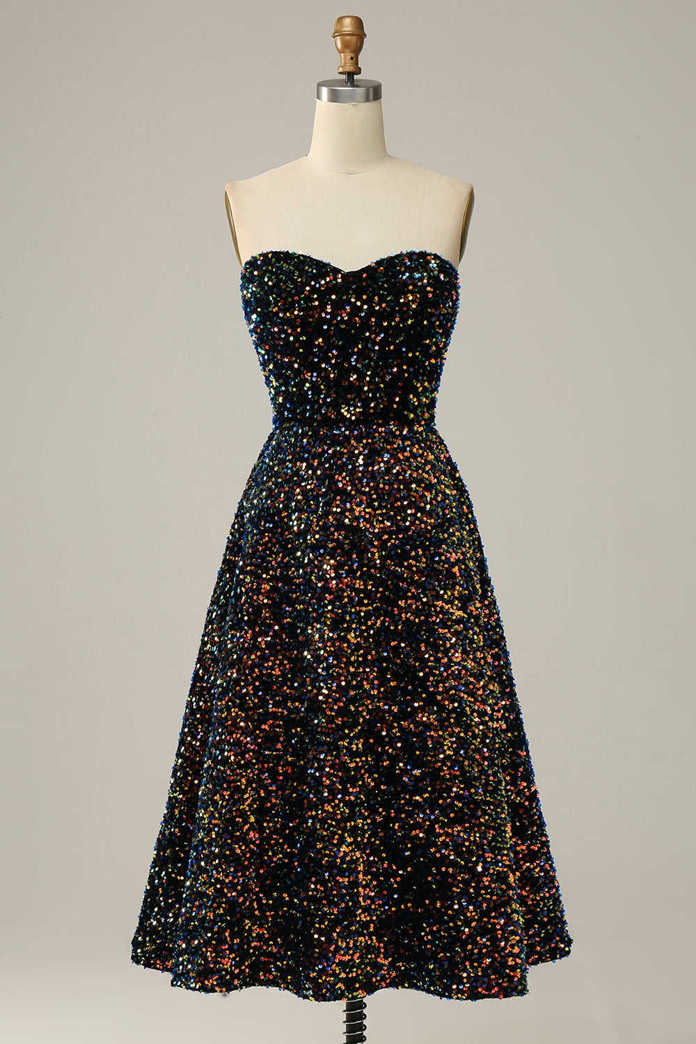 A Line Sweetheart Black Sequins Midi Formal Dress