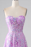 Purple A-Line Strapless Corset Formal Dress with Appliques