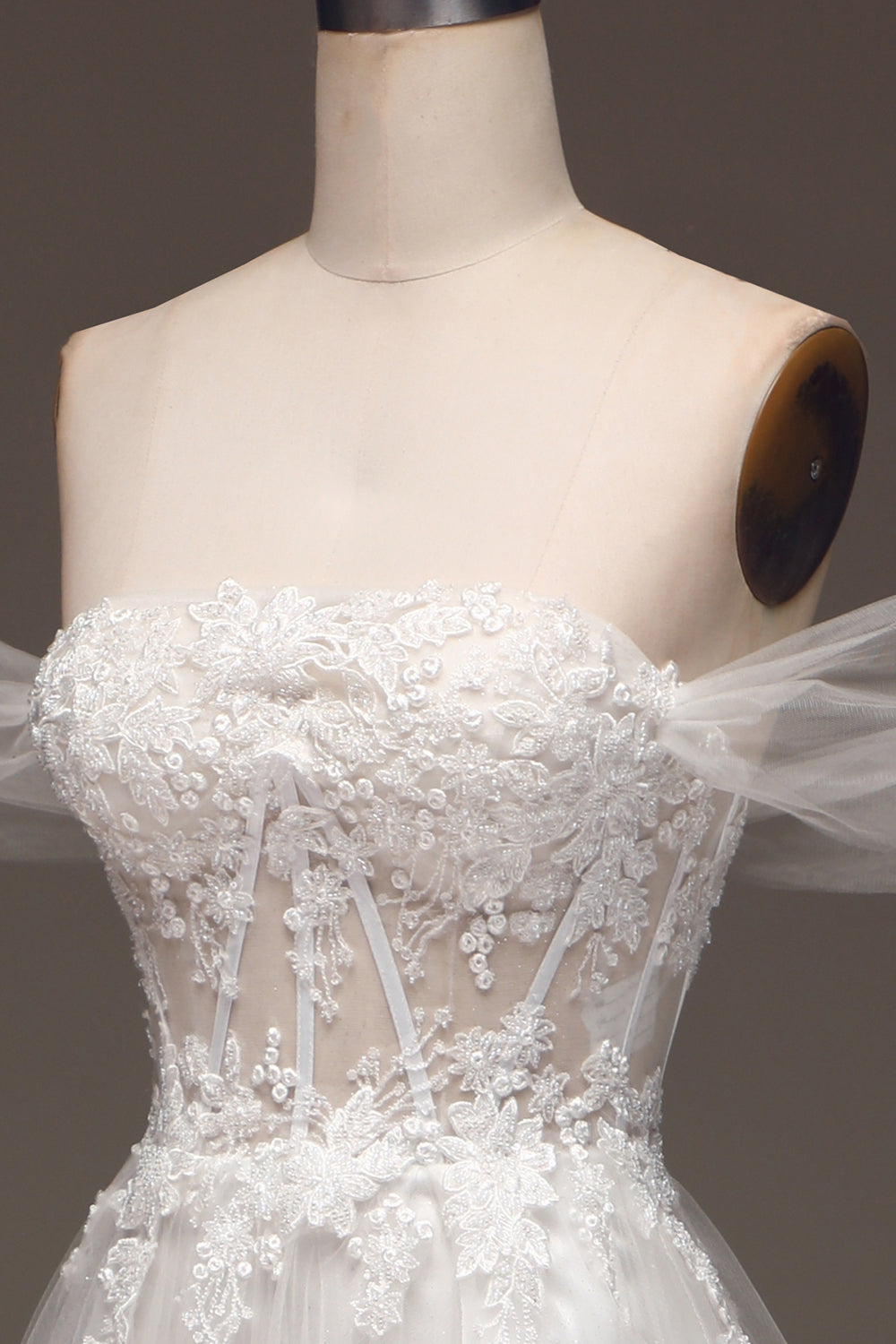 White Off the Shoulder A Line Corset Formal Dress with Appliques