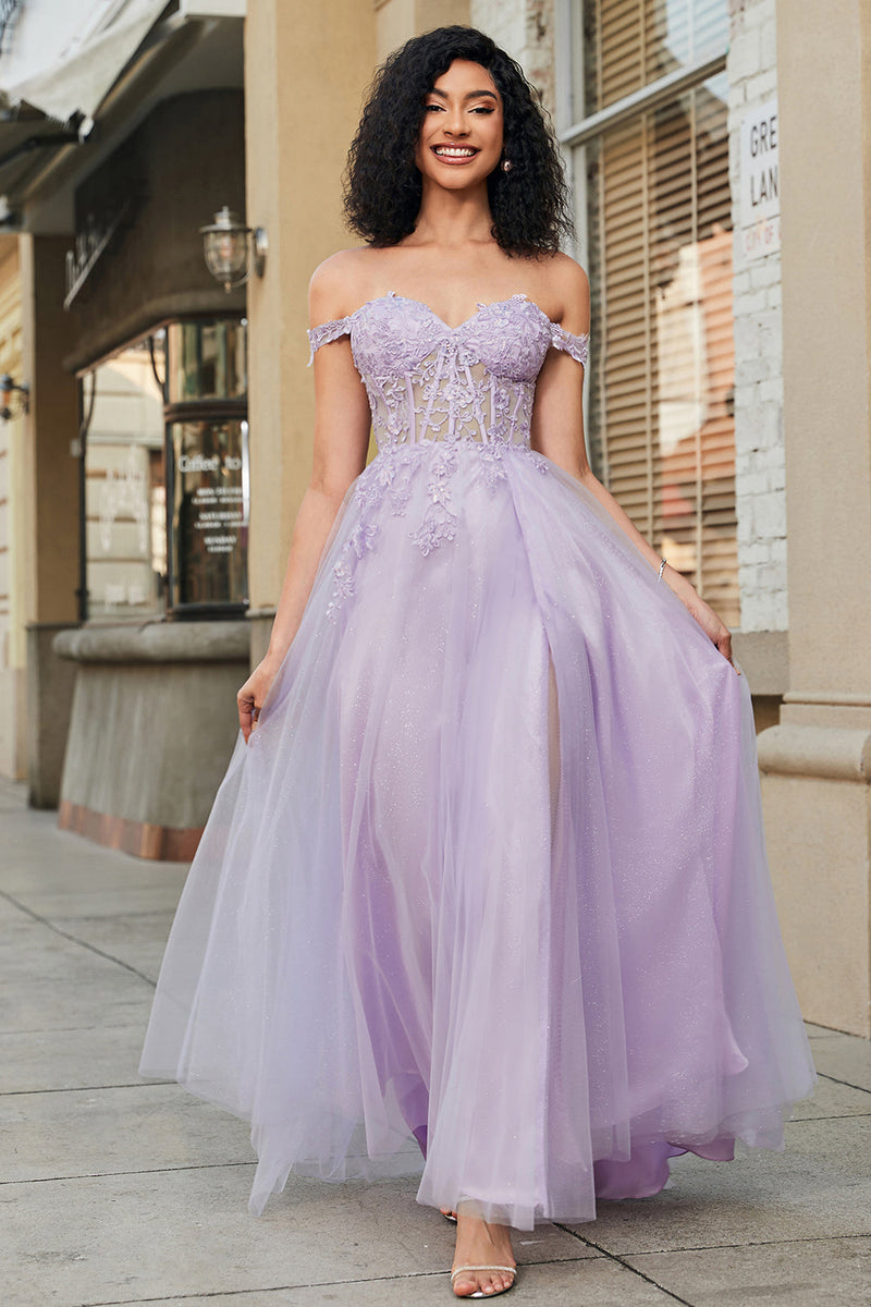 Zapaka Women Purple Corset A Line Long Tulle Formal Dress with