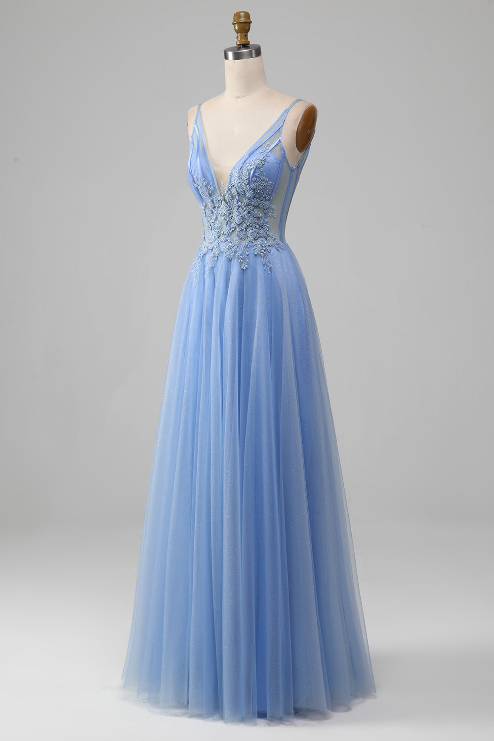 Light Blue A-Line V Neck Tulle Formal Dress With Appliques
