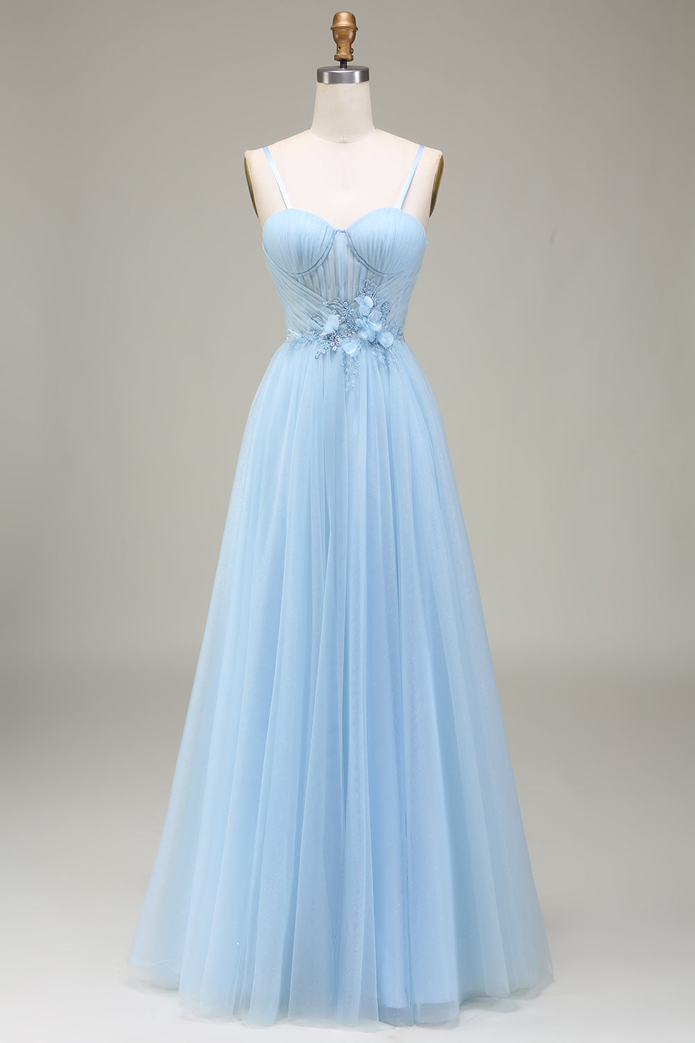 Sparkly Light Blue A-Line Tulle Formal Dress With Appliques