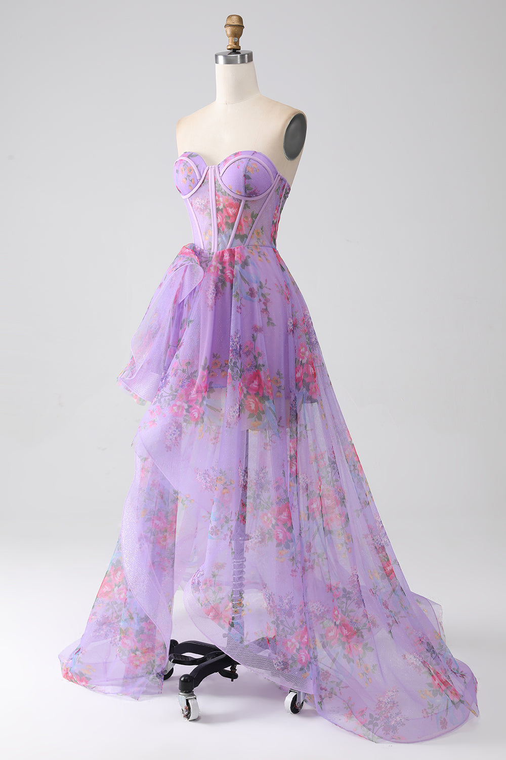 Purple Printed Strapless Corset Formal Dress