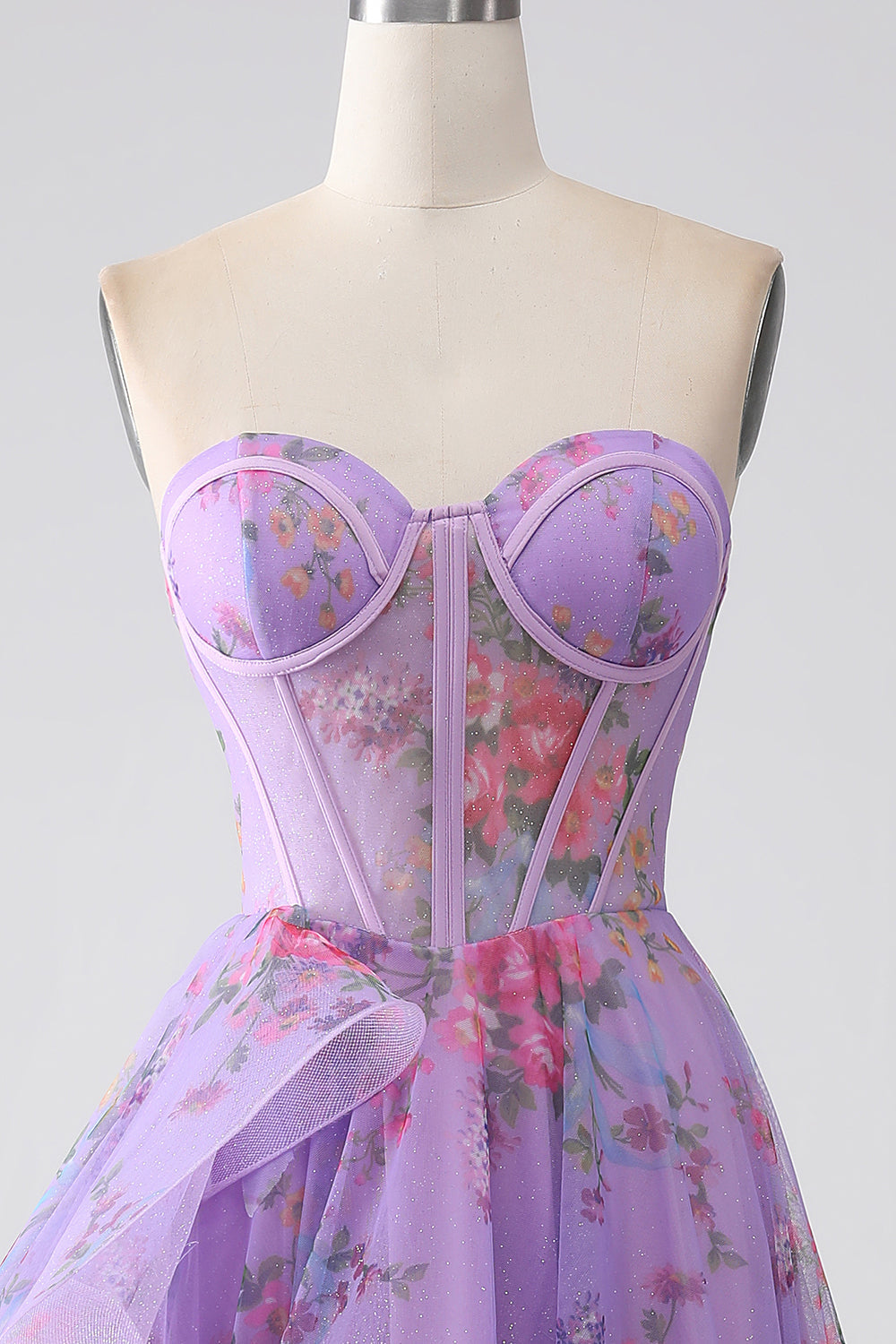 Purple Printed Strapless Corset Formal Dress