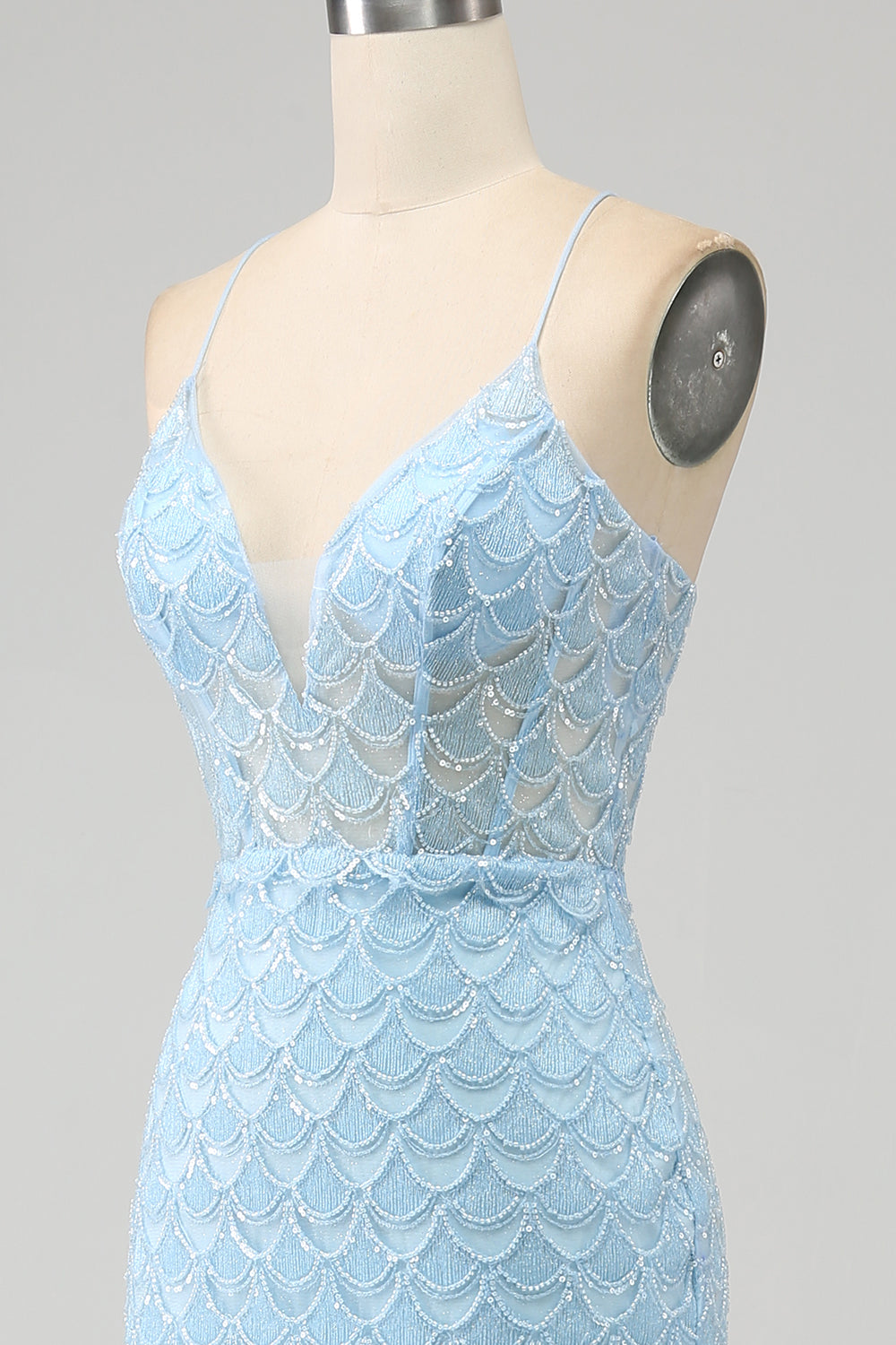 Glitter Sky Blue Spaghetti Straps Mermaid Formal Dress with Slit