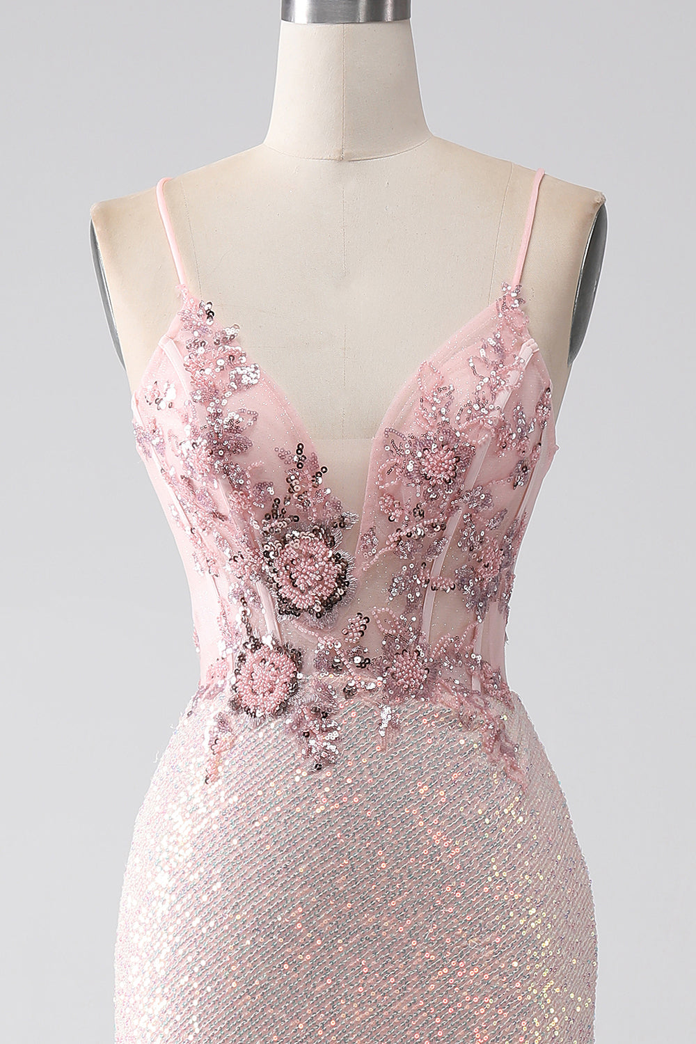 Glitter Pink Beaded Mermaid Formal Dress with Slit