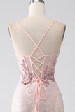 Glitter Pink Beaded Mermaid Formal Dress with Slit