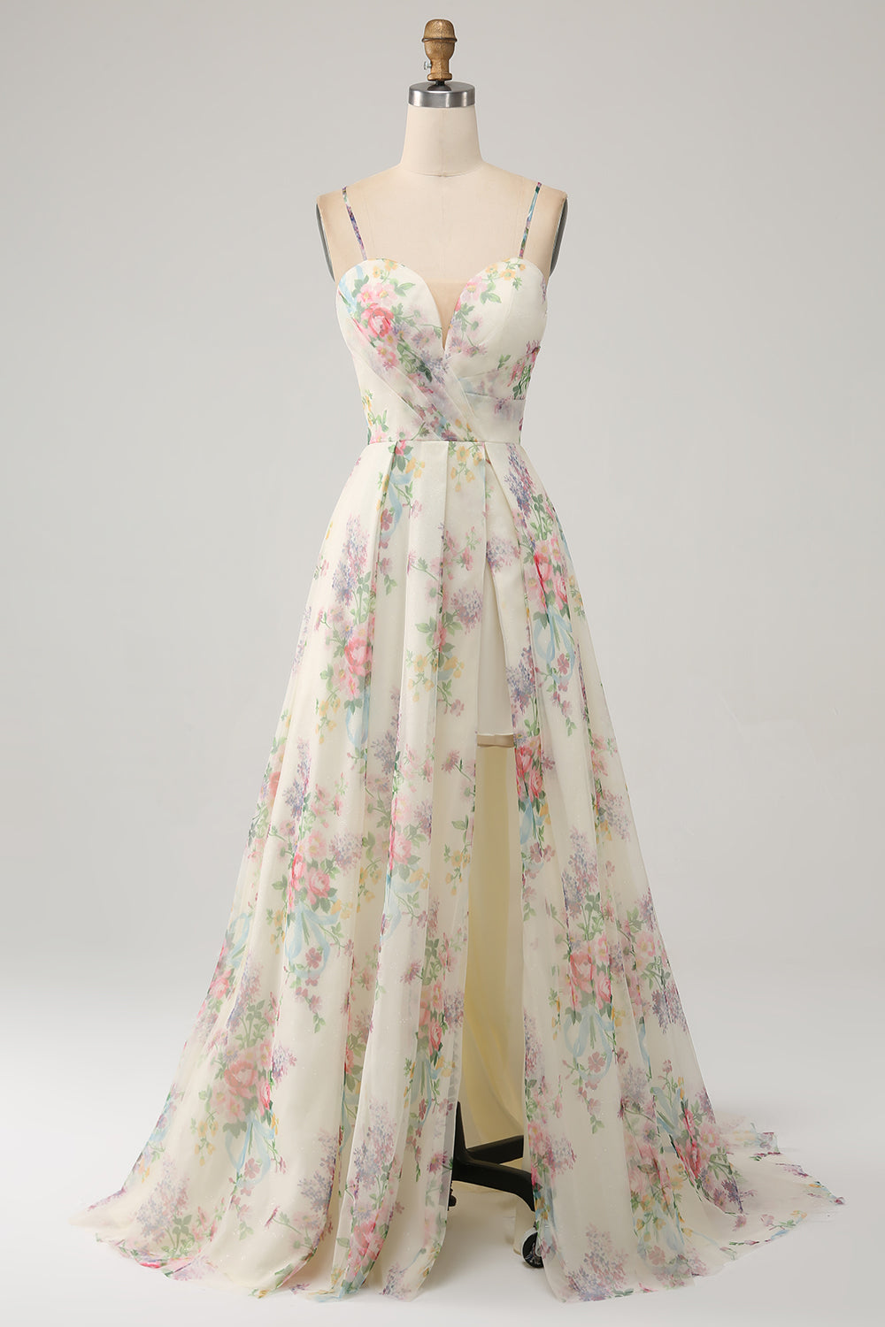 A-Line Flower Printed Ivory Formal Dress with Slit
