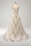 A-Line Flower Printed Ivory Formal Dress with Slit