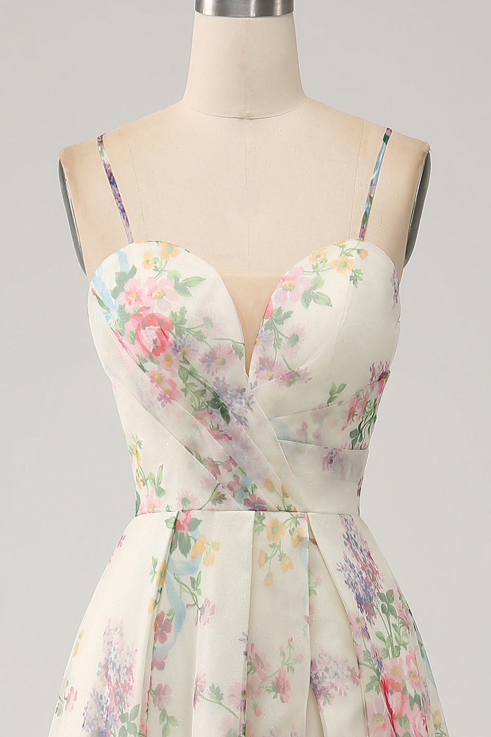 A-Line Flower Printed Ivory Formal Dress with Slit