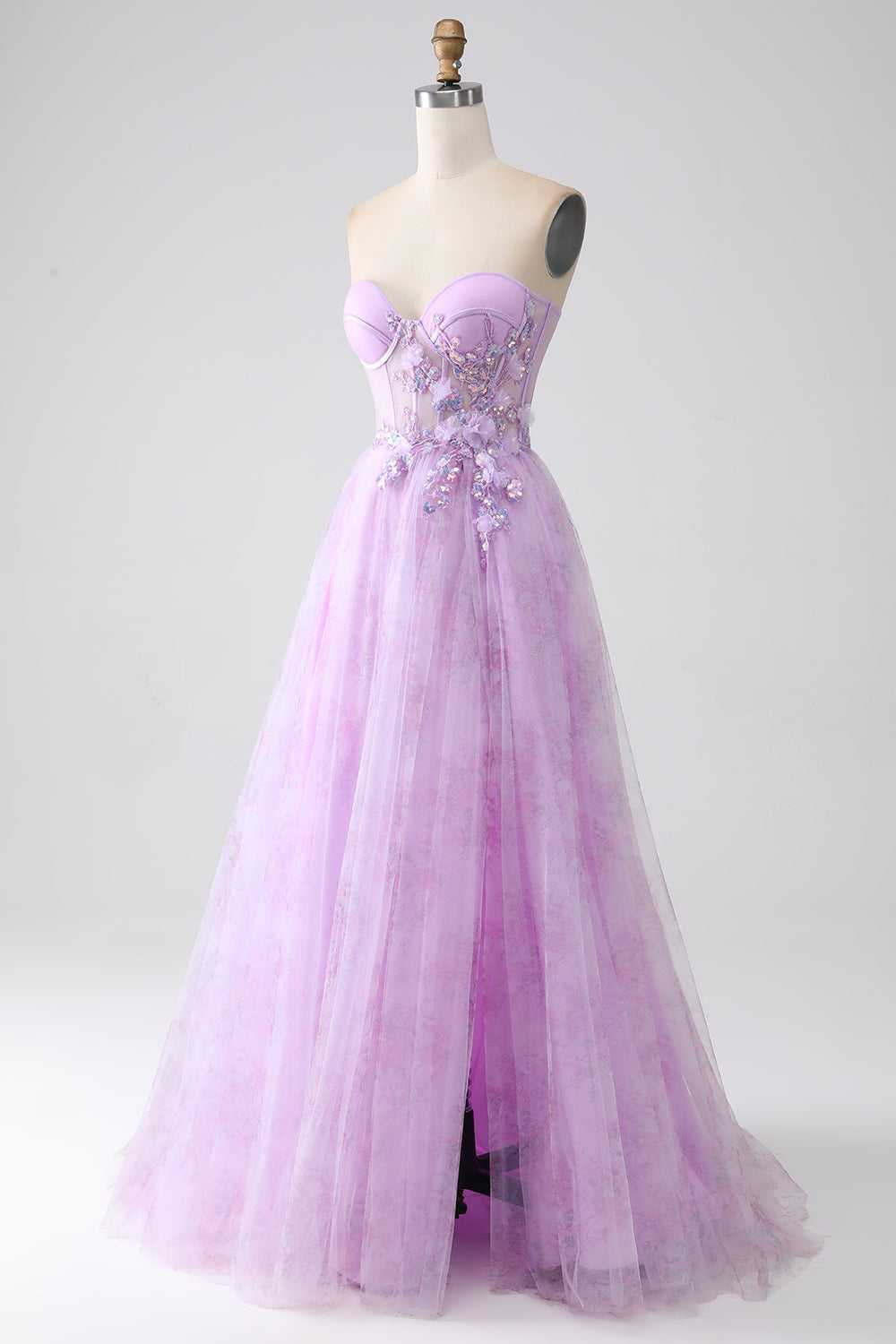 Lavender Printed Strapless Corset Formal Dress with Beading