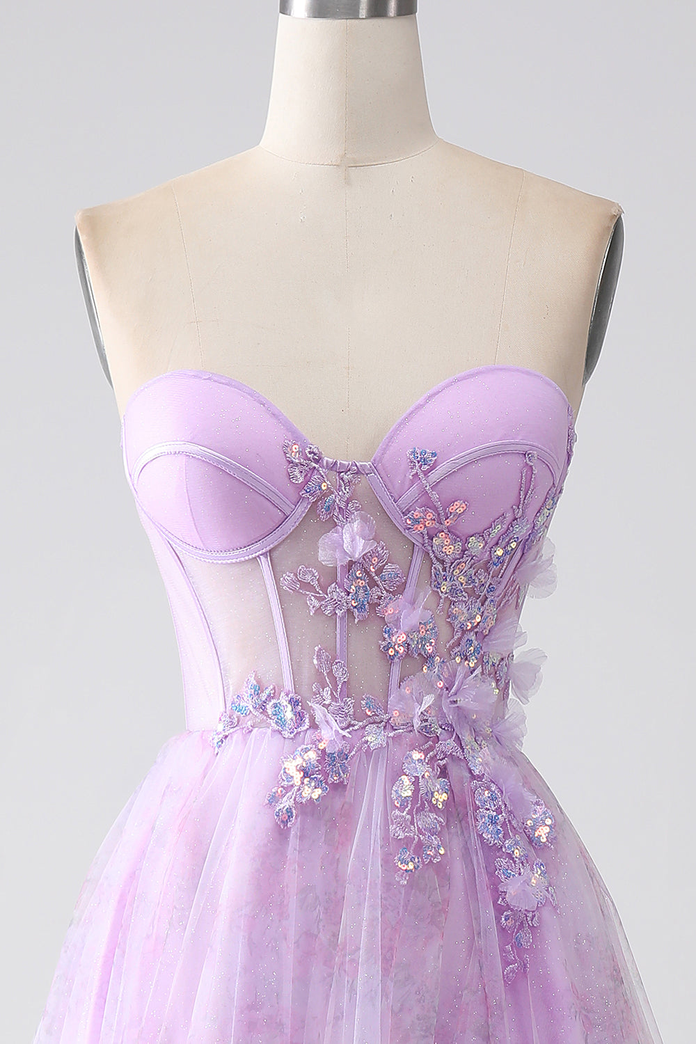 Lavender Printed Strapless Corset Formal Dress with Beading