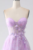 Lavender Printed Strapless Corset Formal Dress with Beading
