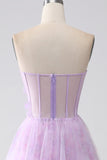 Lavender Printed Strapless Corset Formal Dress with Beading
