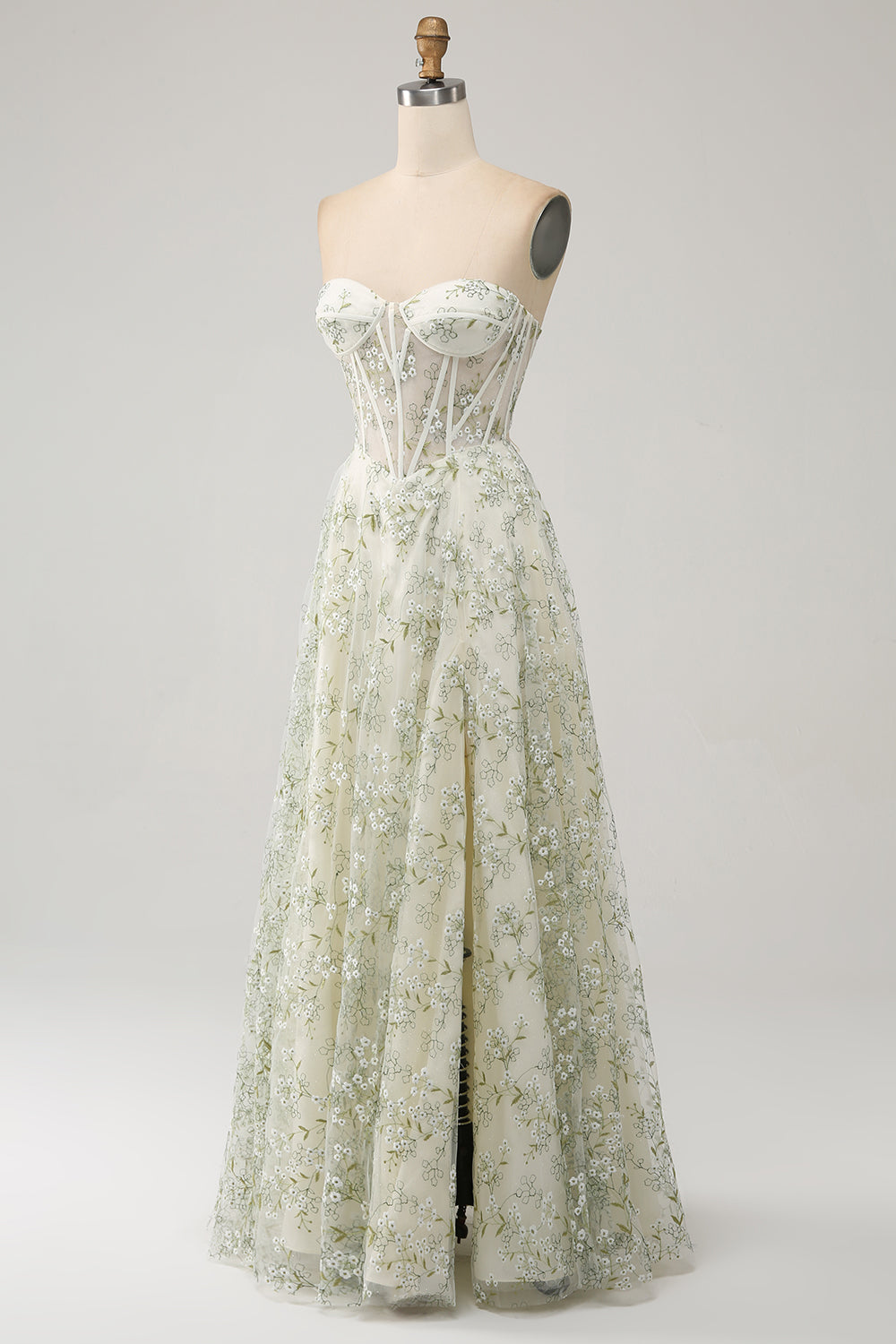 A-Line Light Green Corset Formal Dress with Embroidery