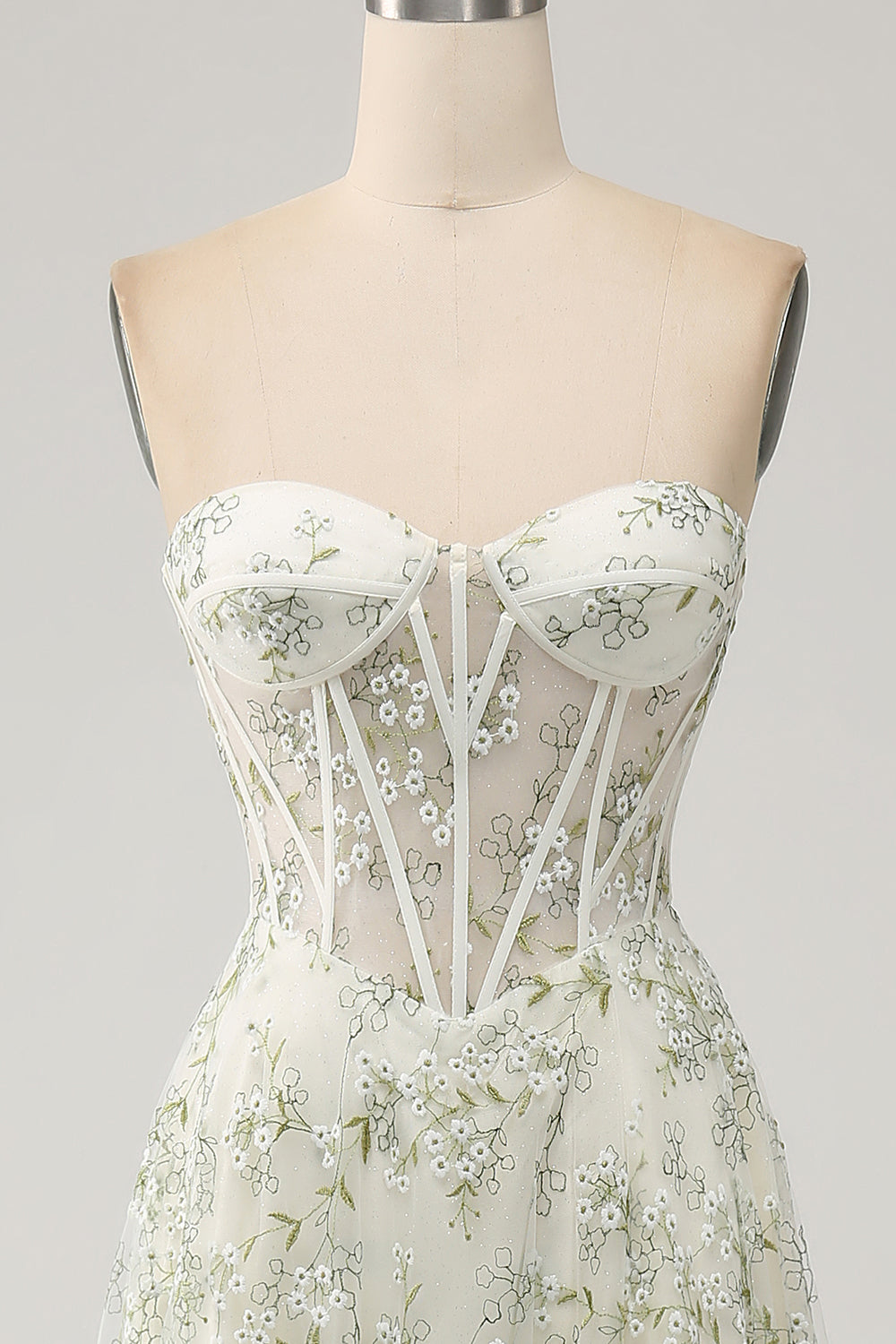 A-Line Light Green Corset Formal Dress with Embroidery