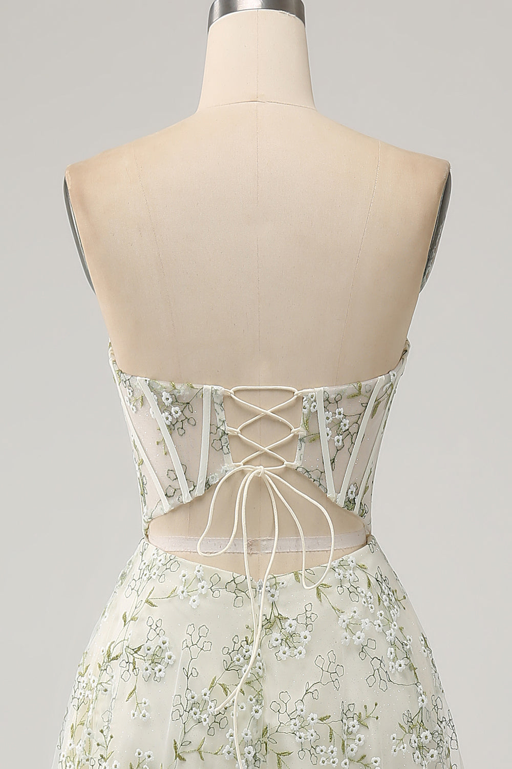 A-Line Light Green Corset Formal Dress with Embroidery