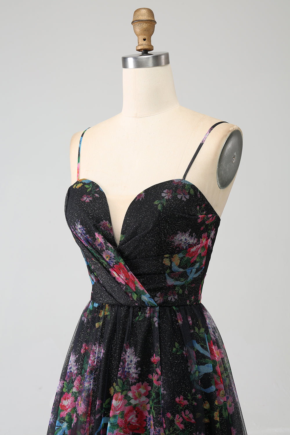 Black Printed Spaghetti Straps A Line Formal Dress with Slit