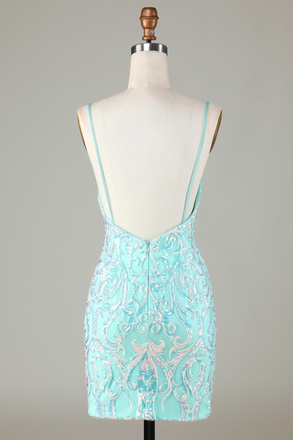 Sparkly Tight Spaghetti Straps Green Short Formal Dress with Backless