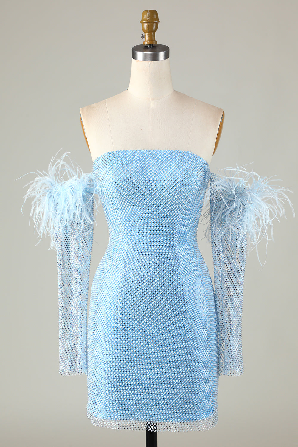 Detachable Sleeves Blue Tight Semi Formal Dress with Feathers
