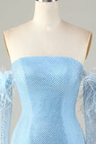 Detachable Sleeves Blue Tight Semi Formal Dress with Feathers
