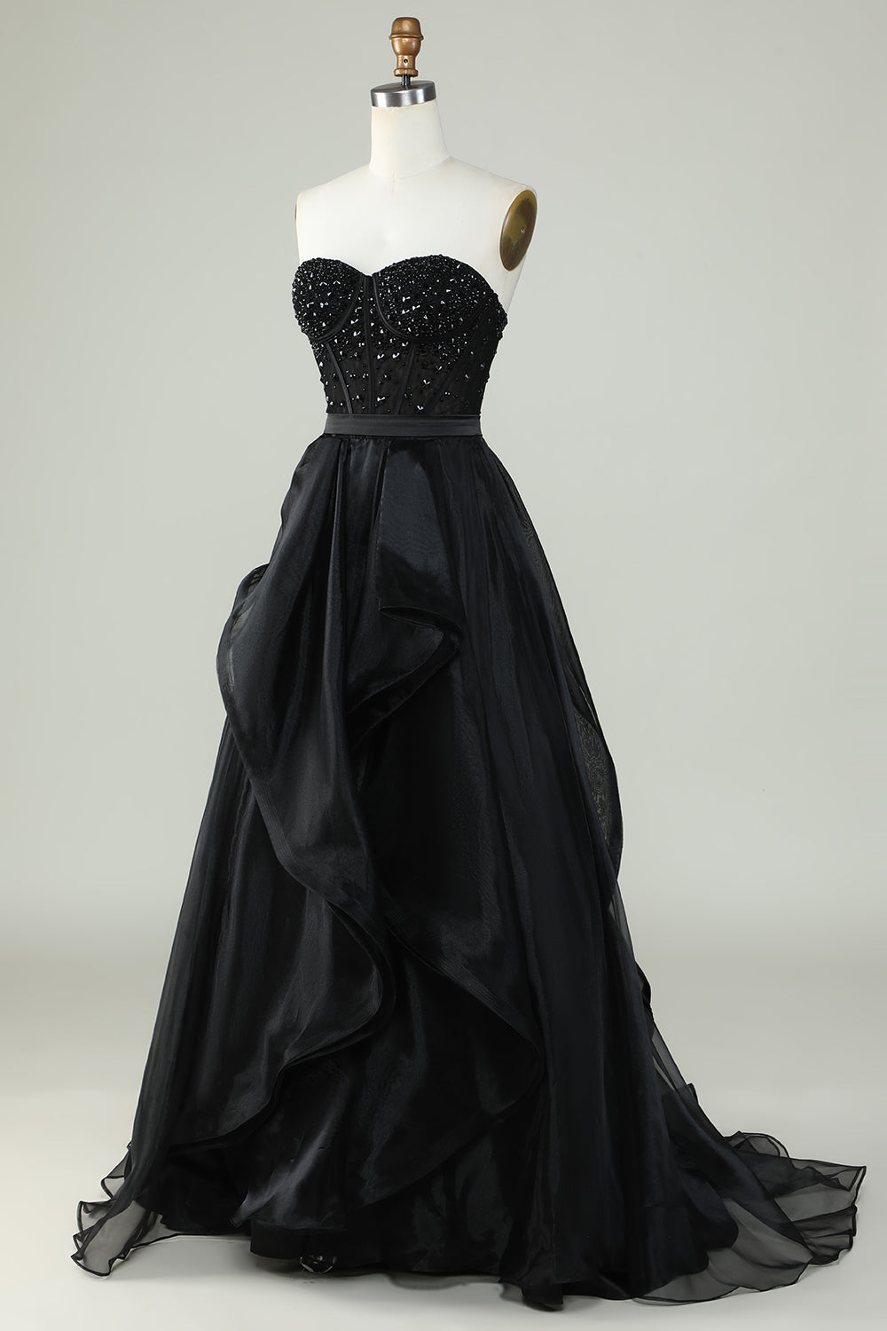 Sparkly Sweetheart Black Ball Gown Long Corset Formal Evening Dress with Beading