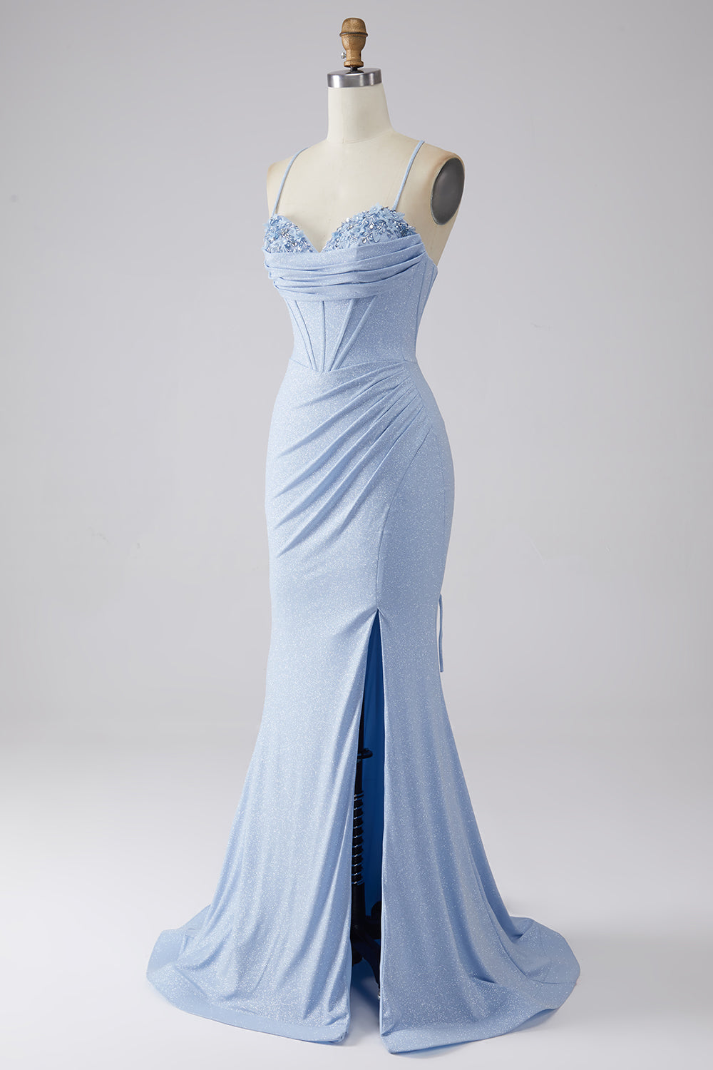 Light Blue Sparkly Mermaid Formal Dress with Slit