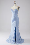 Light Blue Sparkly Mermaid Formal Dress with Slit