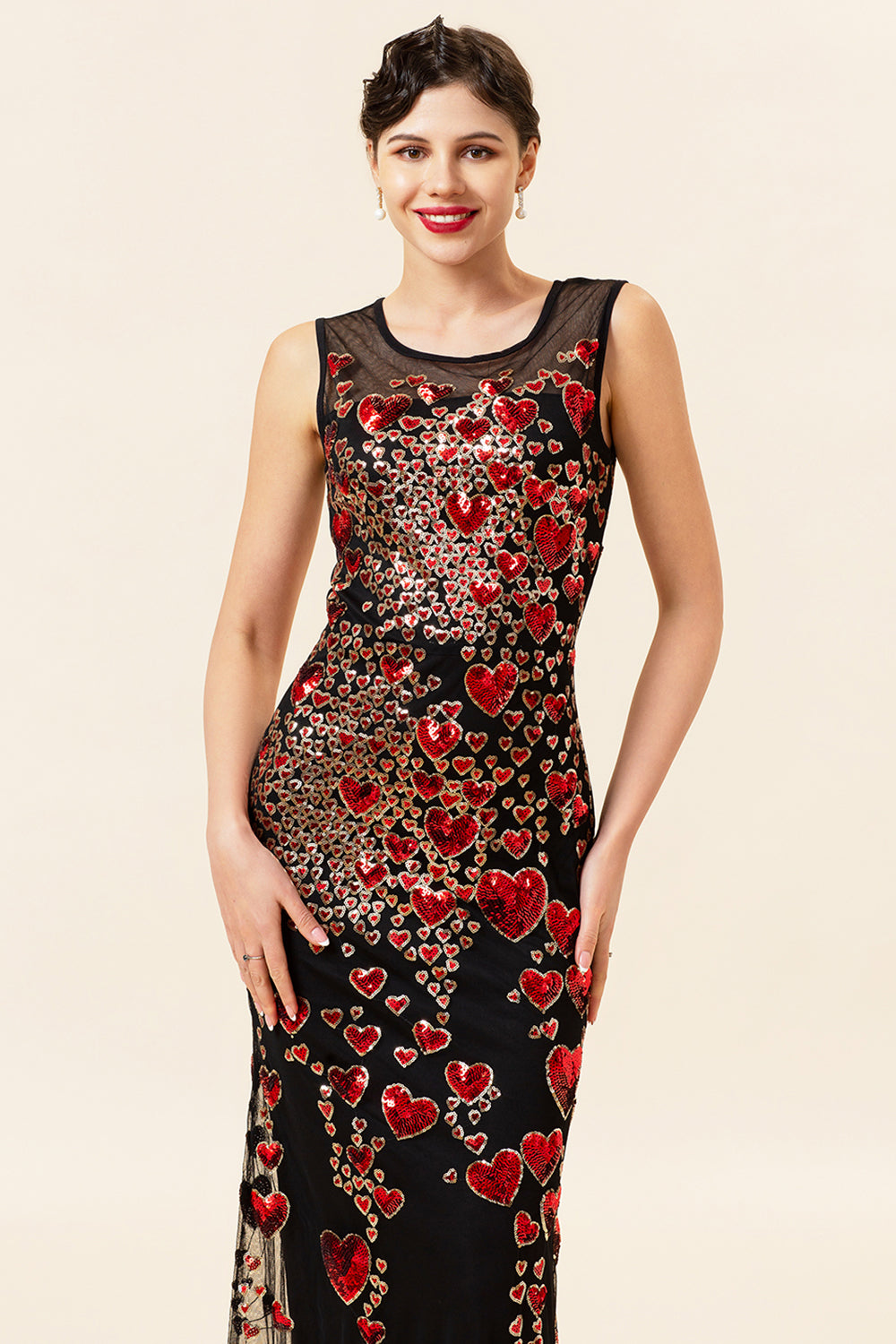 Sheath Round Neck Black Red Love Heart Beaded Long Flapper 1920s Dress