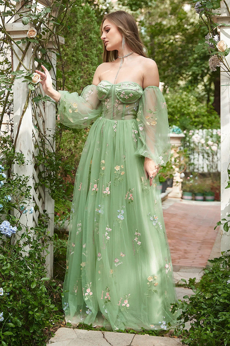 Zapaka Women Embroidery Formal Dress Green Off The Shoulder Long