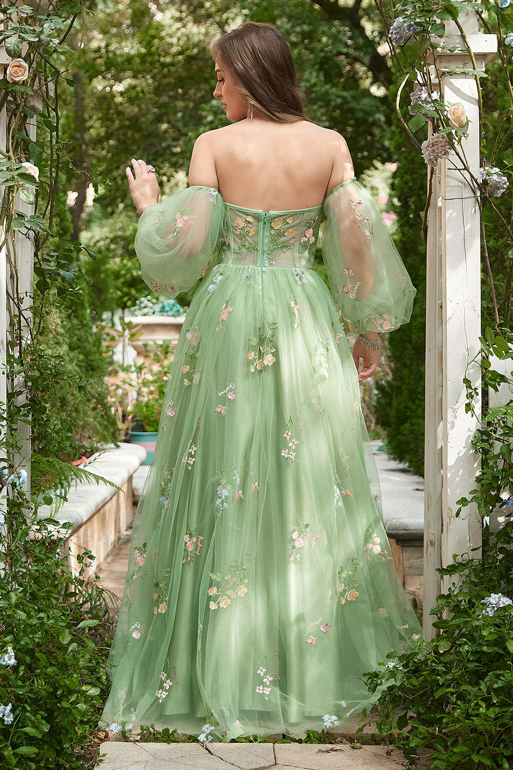 Off The Shoulder Green Long Sleeves A-Line Formal Dress