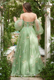 Off The Shoulder Green Long Sleeves A-Line Formal Dress