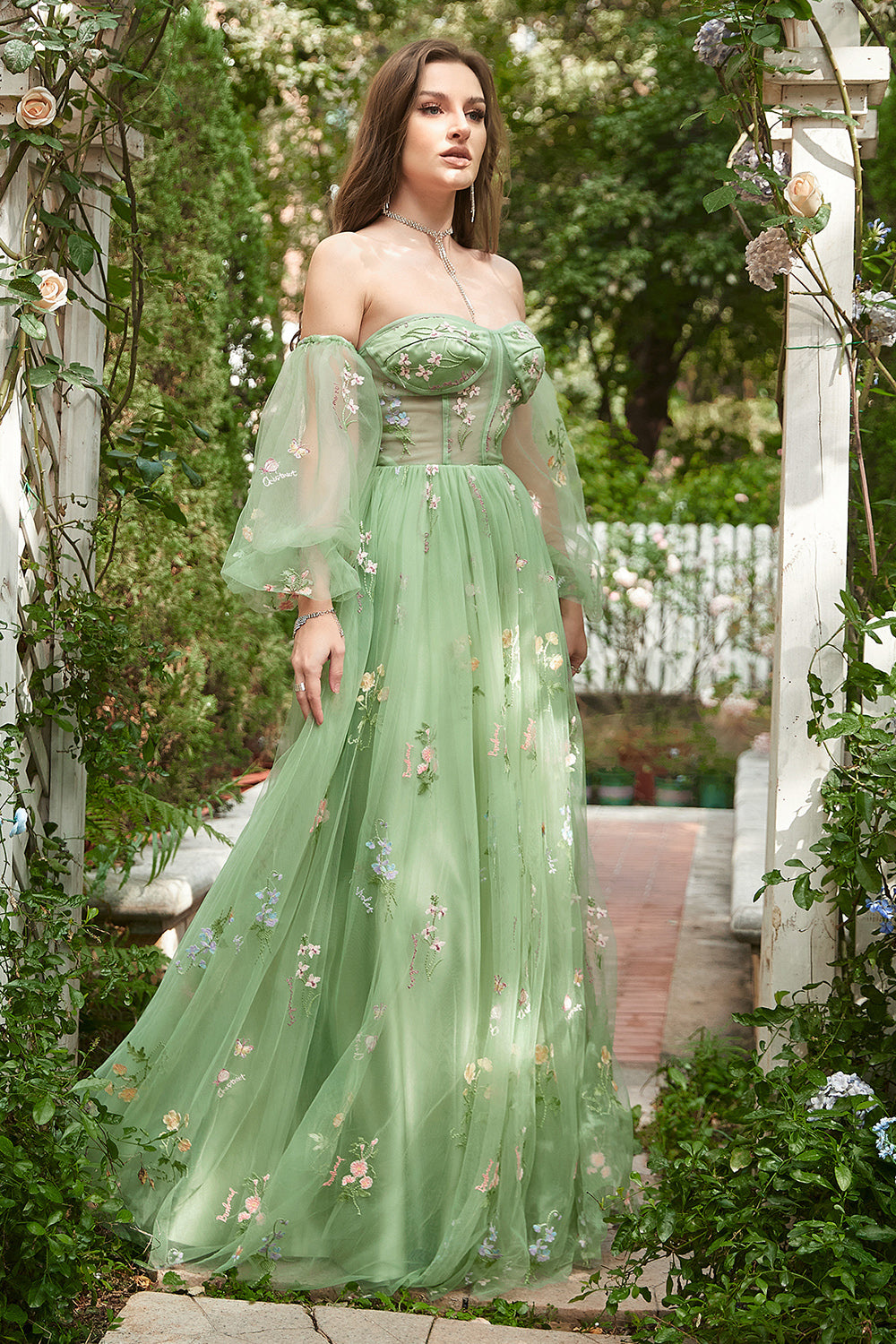 Off The Shoulder Green Long Sleeves A-Line Formal Dress