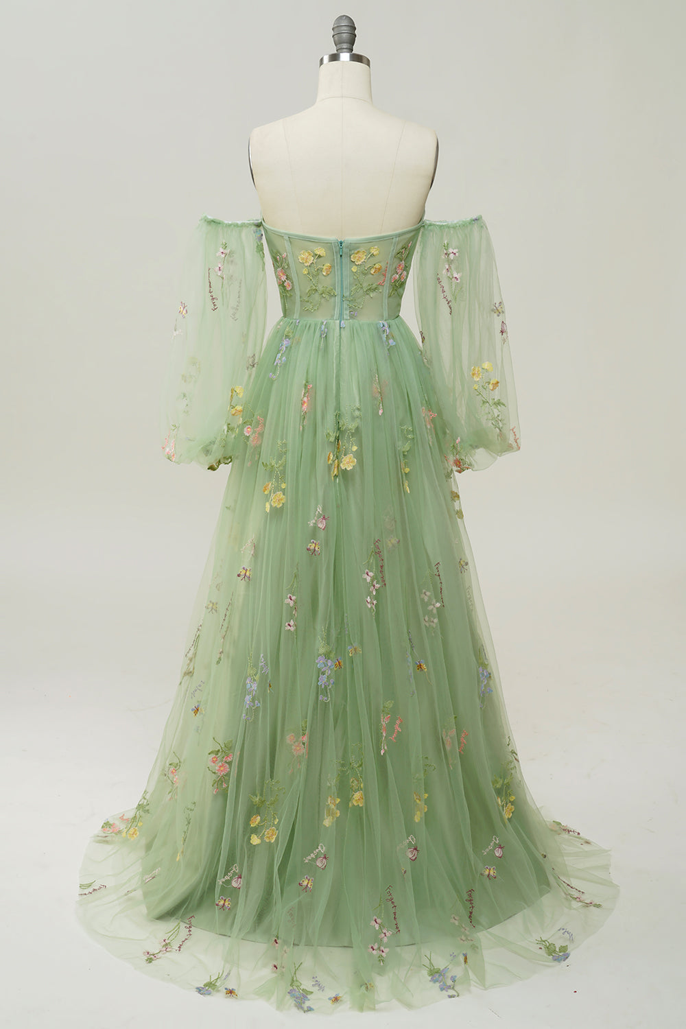 Off The Shoulder Green Long Sleeves A-Line Formal Dress