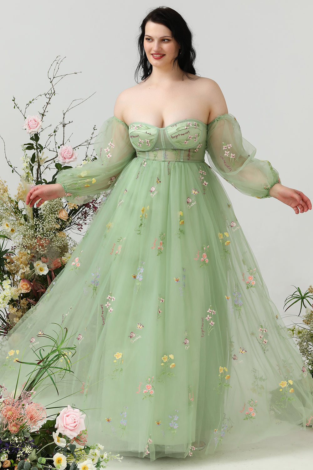 A Line Off the Shoulder Green Plus Size Formal Dress with Embroidery