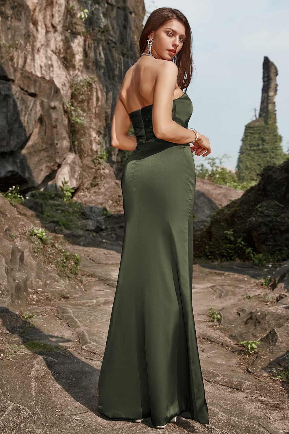 Sheath Strapless Olive Long Formal Dress with Split Front