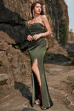 Sheath Strapless Olive Long Formal Dress with Split Front