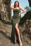 Sheath Strapless Olive Long Formal Dress with Split Front