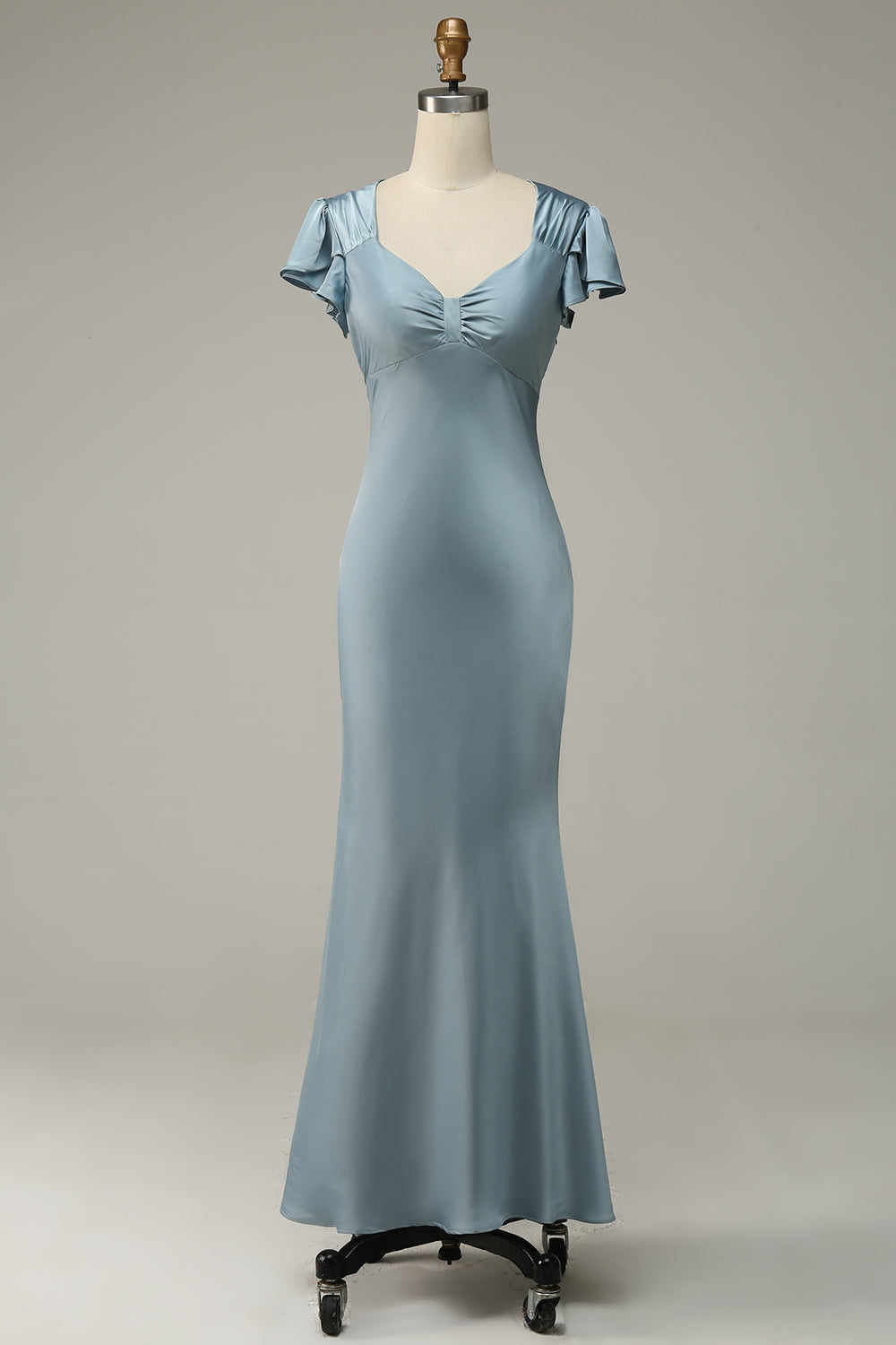 Grey Blue Satin Simple Formal Dress with Ruffles