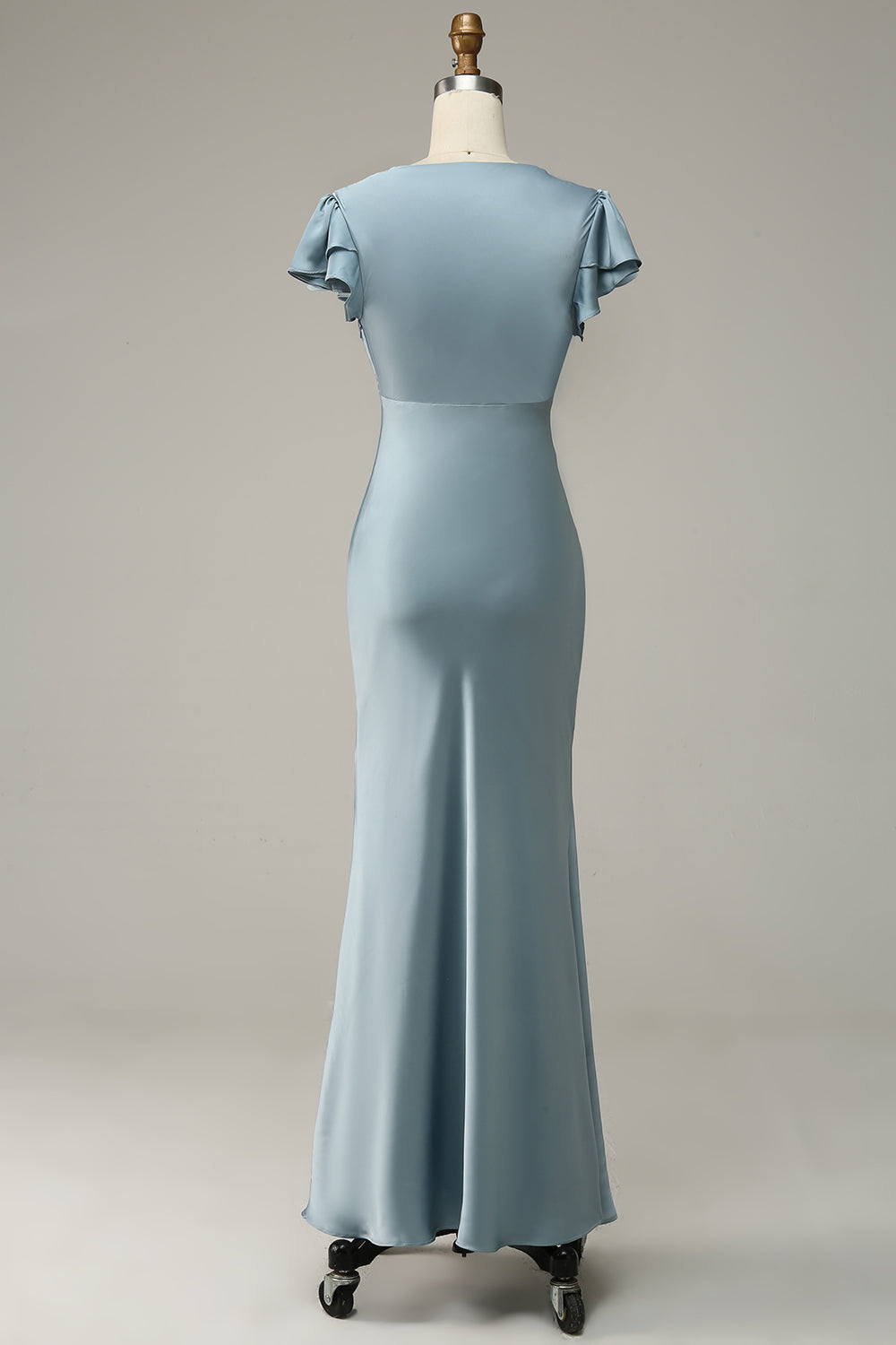 Grey Blue Satin Simple Formal Dress with Ruffles