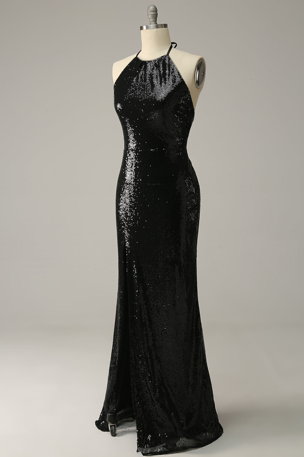 Sheath Halter Black Sequins Plus Size Formal Dress with Open Back