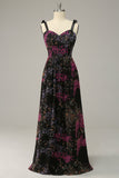 A Line Spaghetti Straps Black Mixed Flower Plus Size Formal Dresses