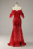 Mermaid Off the Shoulder Burgundy Plus Size Formal Dress with Feathers