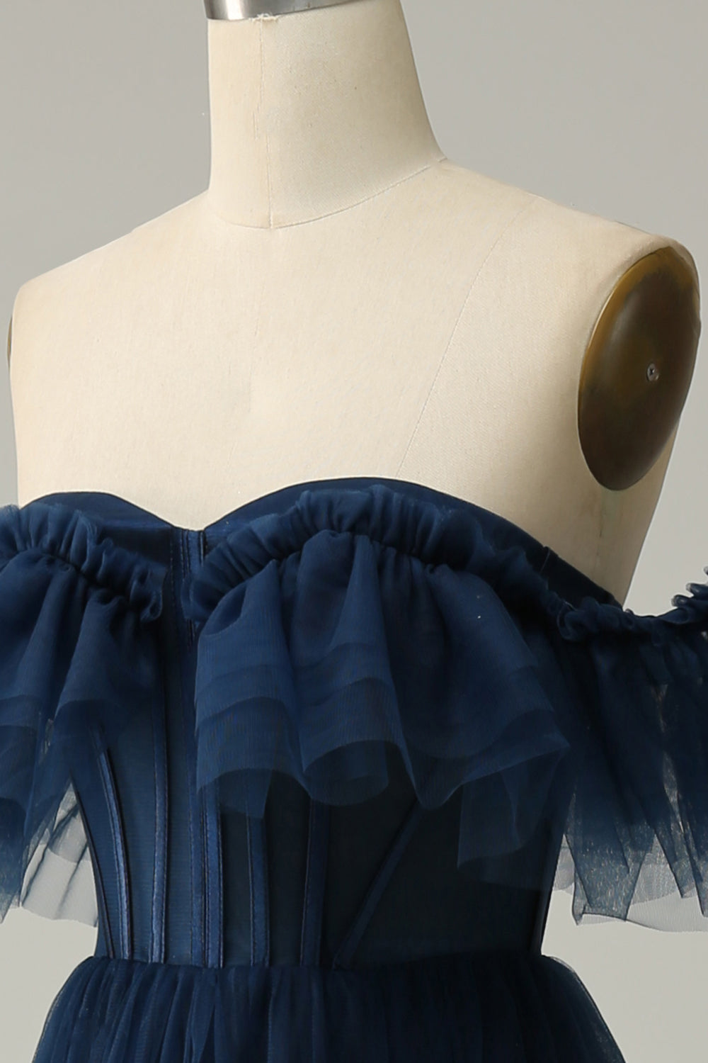 A-Line Off the Shoulder Sweetheart Tulle Navy Long Formal Dress