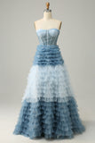 A Line Sweetheart Grey Blue Long Formal Dress with Ruffles