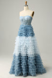A Line Sweetheart Grey Blue Long Formal Dress with Ruffles