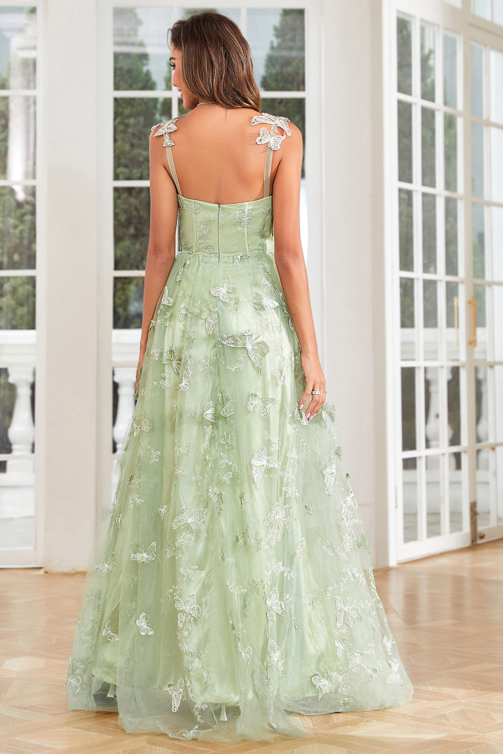 A Line Green Corset Long Tulle Formal Dress with 3D Butterflies Split Front