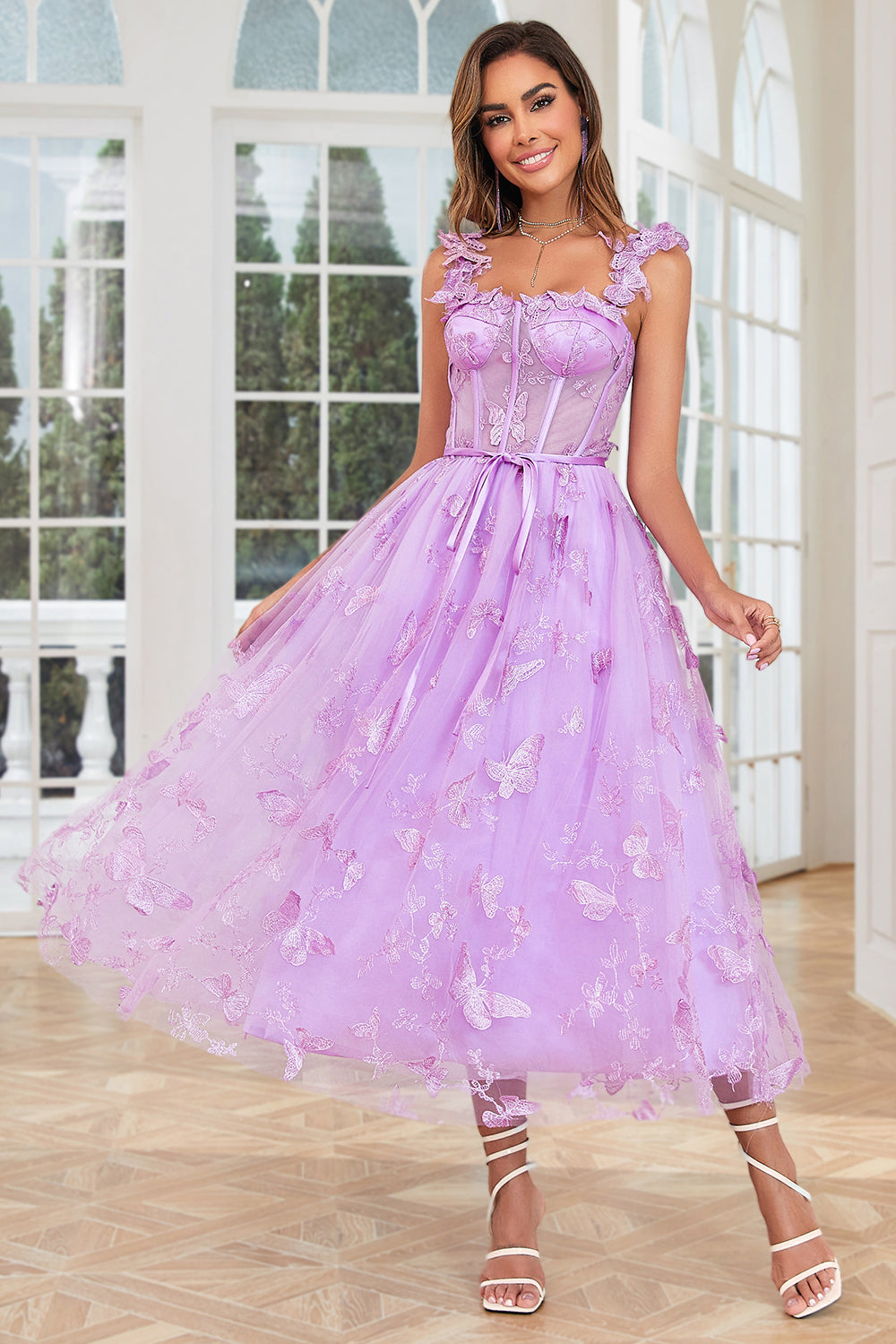 Unique A Line Purple Corset Formal Dress with Butterflies Appliques