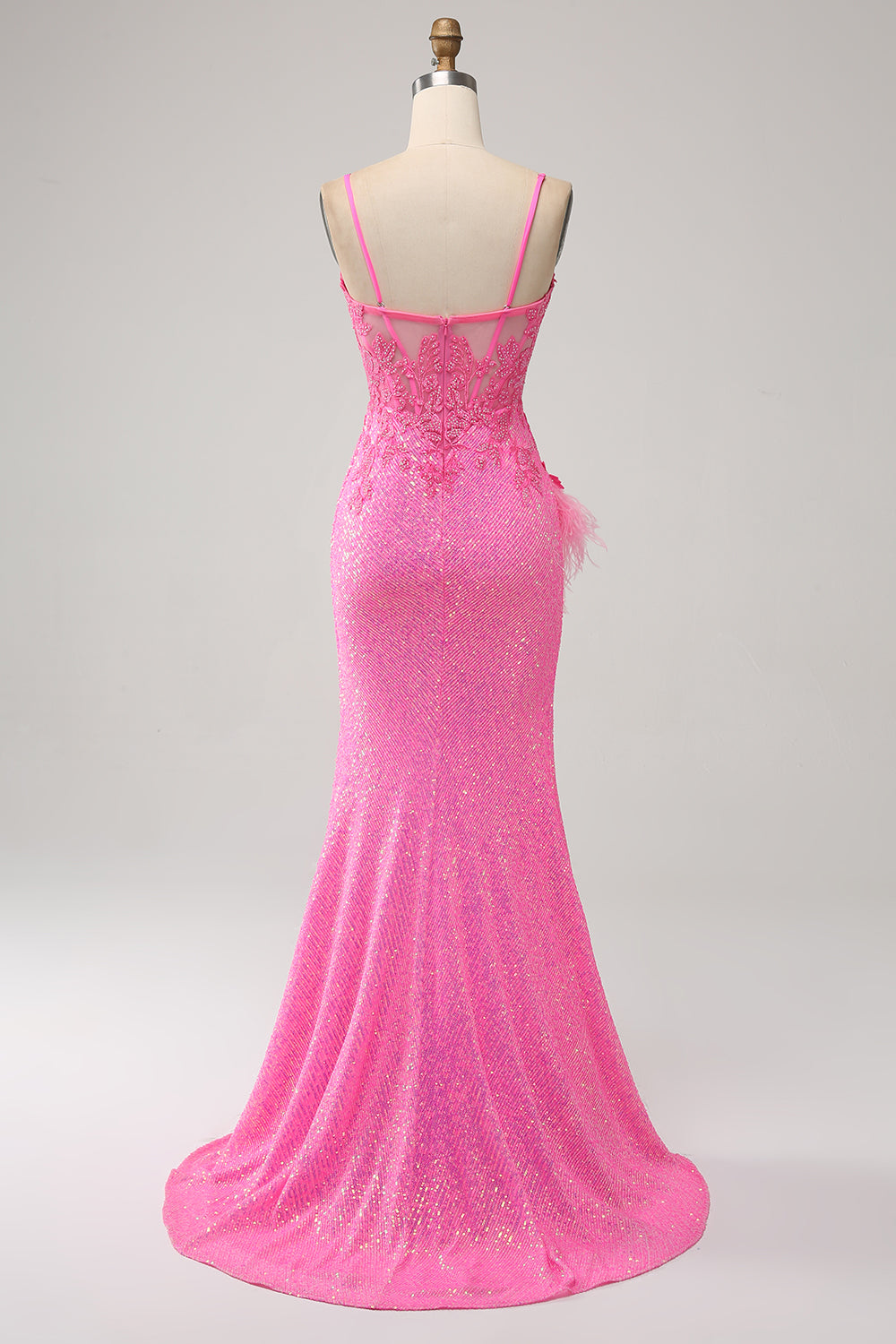 Trendy Mermaid Spaghetti Straps Pink Sequins Long Formal Dress with Appliques